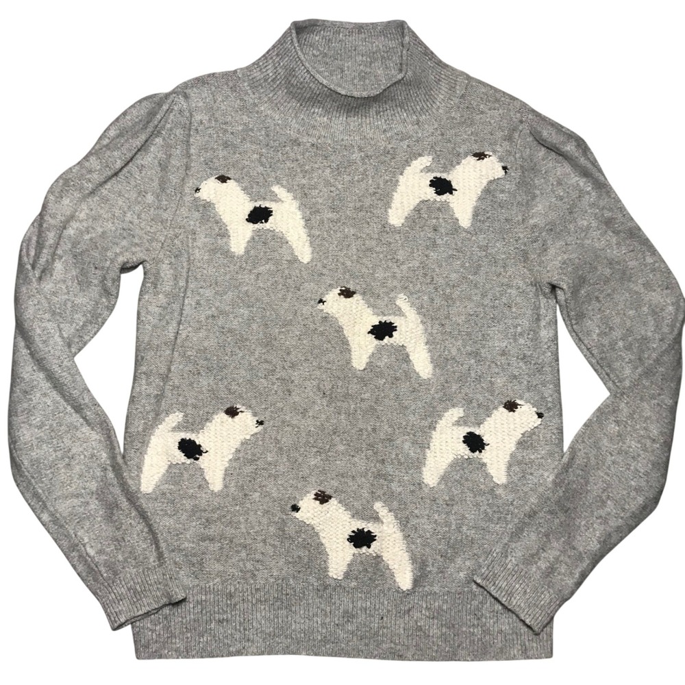LOFT Womens Gray Dog Intarsia Mock Neck Puffed Shoulder Sweater Small 551043